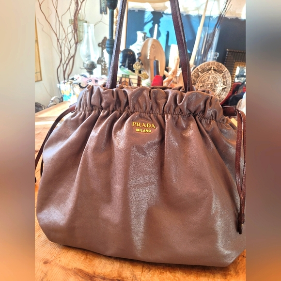 Prada Handbags - PRADA Brown Drawstring Leather Tote Shoulder Bag